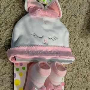 First Easter White and Pink Baby Hat and Booties Set